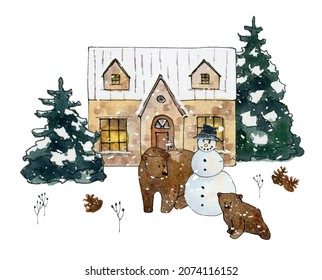 winter landscape clipart, watercolor christmas house, woodland animals bear with snowman printable clip art, forest sublimation design, cabin