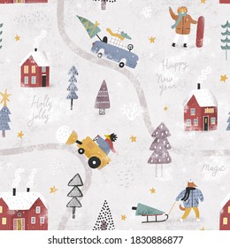 Winter landscape with cute animals, cars and houses. Winter forest. Christmas seamless pattern.