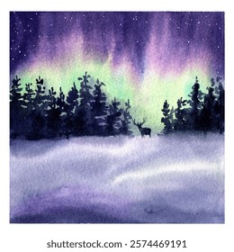 Winter landscape with deer, pine forest and northern lights isolated on white. High quality nature illustration perfect for cards, posters, books, home decor. Night illustration. Aurora borealis.