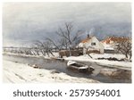 Winter landscape with houses on a canal (1874) by Louis Apol. Vintage winter snowy landscape illustration. Vintage winter nature scenery art drawing illustration, old landscape painting art print.