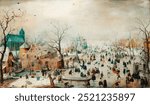 Winter Landscape with Ice Skaters (1608) by Hendrick Avercamp. Vintage Christmas, winter landscape art drawing illustration, old Christmas painting, winter landscape art print.