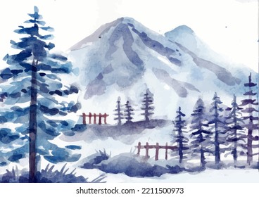 Winter Landscape And Icy Mountain Watercolor