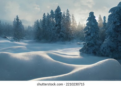 Winter landscape in natural conditions and pine forests  the sea in ice  snow   blizzards  Arctic winter snowy landscape  Northern Lights Aurora Borealis flashes in dramatic night sky  3D Render  