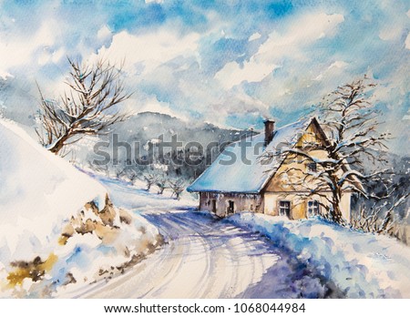 Winter landscape with old house in mountains close to the road covered with snow. Picture created with watercolors.