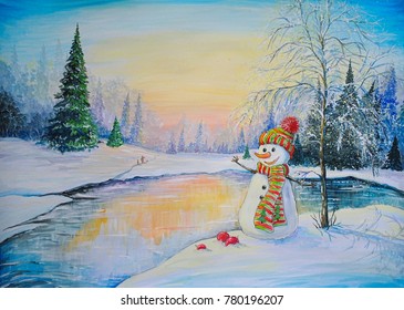 Winter Landscape Paintings Snowmen Watercolor Stock Illustration ...