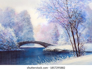 Winter landscape with a river and a bridge. Original oil painting. - Powered by Shutterstock