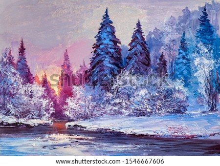 Winter landscape with the river. Original oil painting. Colorful  forest