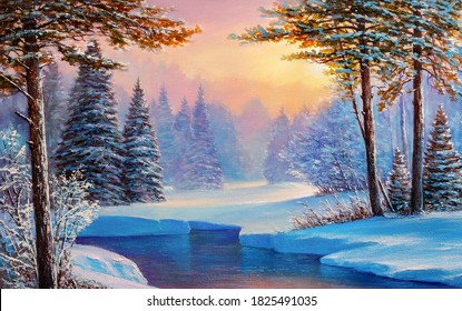 Winter Landscape With The River.Original Oil Painting.