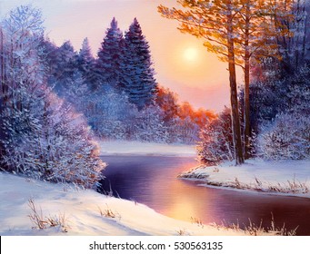 Winter Landscape With The River.Original  Oil Painting.