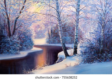 Winter Landscape With The River.Original  Oil Painting.