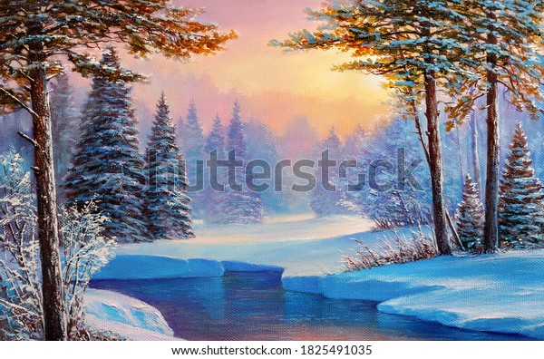 Winter landscape with the river.Original oil painting.