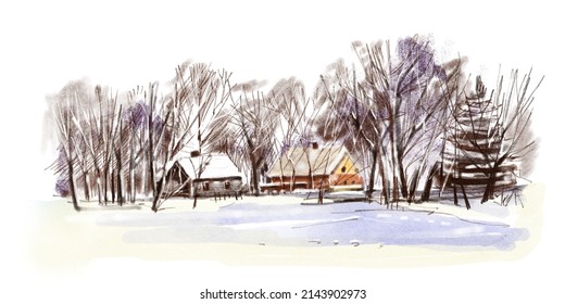  Winter landscape and small village  Drawing in watercolor   colored pencils 