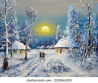 Winter landscape and snow covered trees  Oil paintings landscape winter landscape in the old village  frosty day  lot snow  two friends are walking down the street home 