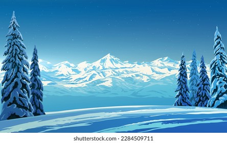 Winter landscape with snow-covered mountain range illuminated by the winter sun, and standing in the foreground with snow-covered fir trees. Raster illustration. - Powered by Shutterstock