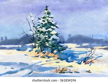 Winter landscape and spruce  Watercolor 