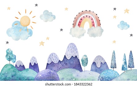 Winter Landscape, Trees, Mountains, Clouds And Stars Watercolor Childrens Illustration On A White Background, Nursery Room Decor, Print