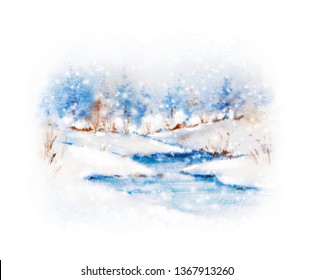 Winter landscape. Watercolor hand drawn illustration. Watercolor christmas. Winter forest. Winter river in the snow
