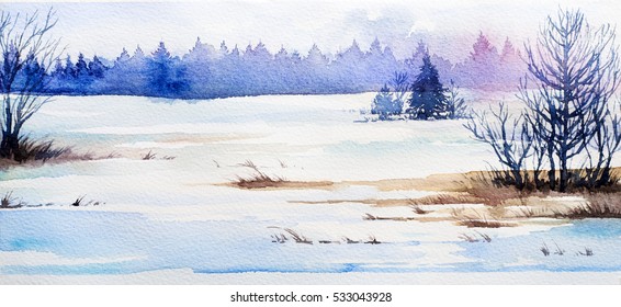 Winter Landscape. Watercolor Illustration.