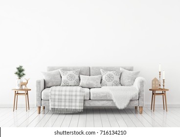 Winter livingroom interior with velvet sofa, pillows and plaid on white wall background. 3D rendering.