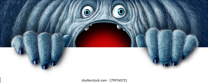 Winter monster holding a sign as a fury bigfoot sasquatch or snow yeti as a big foot abominable snowman with an open mouth as a funny character with copy space with 3D illustration elements. - Powered by Shutterstock