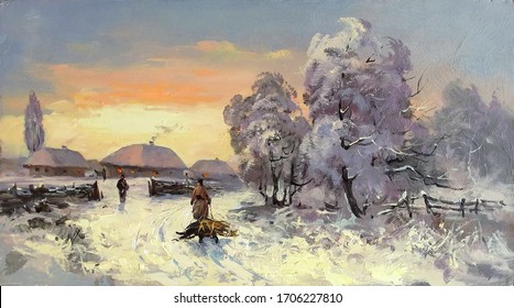 Winter Morning In The Village After Snowfall,oil Painting, Fine Art, Figures Of People, Tree, Sky, Landscape, Nature