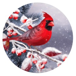 Winter New Year Christmas Background, Cardinal Bird Sitting On A Snow-covered Branch Against The Backdrop Of A Fir Forest, 3D Rendering, Round Shape