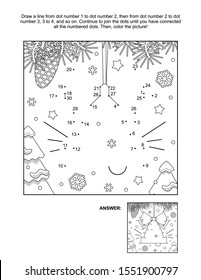 Winter, New Year Or Christmas Connect The Dots Picture Puzzle And Coloring Page - Bell Ornament. Answer Included.