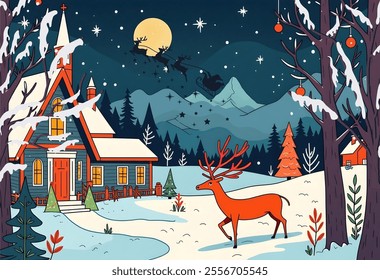 WInter night full moon sky full of stars house and tree with snowfall in christmas and new year - Powered by Shutterstock