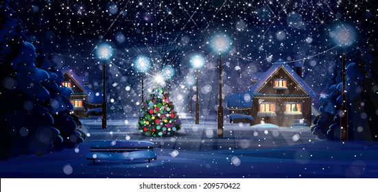 Winter Night Scene. Merry Christmas! 