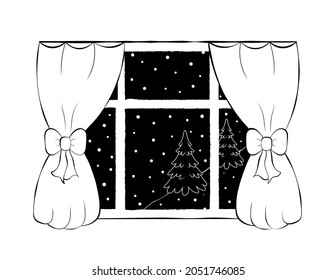 winter night window, view of snow falling and trees through a window decorated with a cute bow, black and white christmas illustration isolated on white background