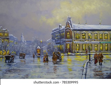 Winter. Old City, Oil Paintings Landscape, Canvas. Fine Art