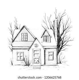 Winter old house, cottage with trees in the snow. Graphic hand drawn illustration