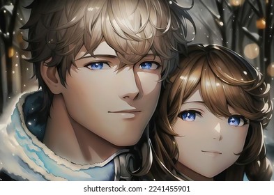 Winter portrait couple  Close  up faces  snow the background  Digital art in anime style 