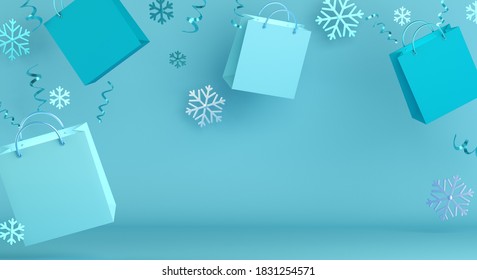 Winter sale background, Happy new year decoration with blue flying shopping bag, snowflakes, confetti, copy space text, banner, template, 3D rendering illustration. - Powered by Shutterstock