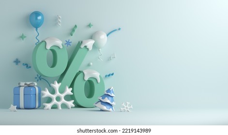 Winter sale decoration background with percent symbol, snowflakes, gift box, balloon, copy space text, 3D rendering illustration - Powered by Shutterstock