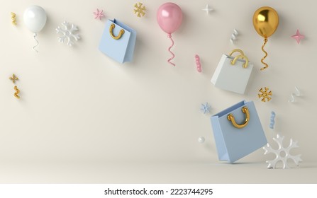 Winter sale decoration background with shopping bag, balloon, snowflakes, copy space text, 3D rendering illustration - Powered by Shutterstock