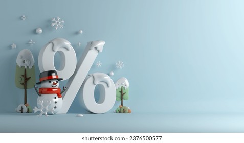 Winter sale decoration background with snowman, percent symbol, snowflakes, trees, gift box, balloon, copy space text, 3D rendering illustration - Powered by Shutterstock