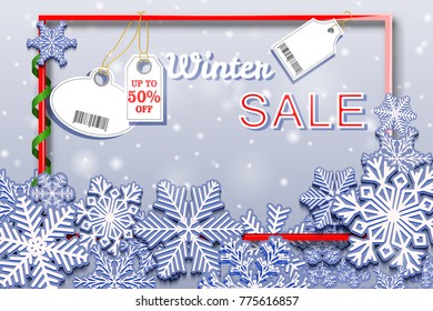 Winter Sale Horizontal Banner With Snowfall And Tags. Barcode Does Not Contain Links To Products And Websites. Rasterized Version