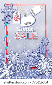 Winter Sale Vertical Banner With Snowfall And Tags. Barcode Does Not Contain Links To Products And Websites. Rasterized Version