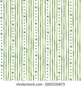 Winter seamless pattern. Abstract hand painted watercolor print. Monochrome green xmas ornament seamless tile. Vertical lines, dots, snowflakes design for seasonal textile, fabric, packaging