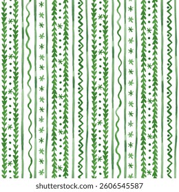 Winter seamless pattern. Abstract hand painted watercolor print. Monochrome green xmas ornament seamless tile. Vertical lines, branches, snowflakes design for seasonal textile, fabric, packaging