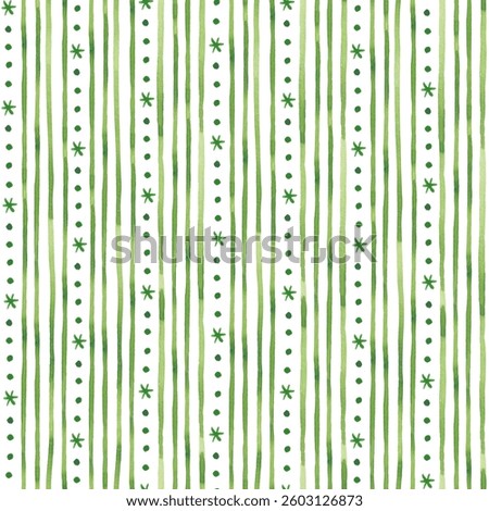 Winter seamless pattern. Abstract hand painted watercolor print. Monochrome green xmas ornament seamless tile. Vertical lines, dots, snowflakes design for seasonal textile, fabric, packaging