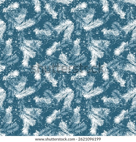 Winter seamless pattern featuring snow pine branches on a deep blue background, ideal for winter-themed fabric, wallpaper, or wrapping paper.