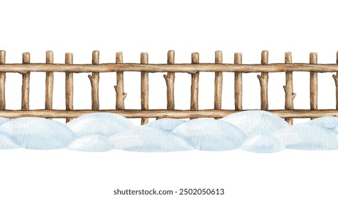 Winter season countryside wooden fence with snow piles seamless border. Watercolor illustration. Hand drawn fence with snowy piles endless border countryside landscape element on white background - Powered by Shutterstock