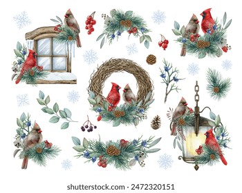 Winter season decor with red cardinal birds set. Watercolor vintage style illustration. Painted cardinal birds with natural floral elements Christmas collection. Winter decor set on white background - Powered by Shutterstock