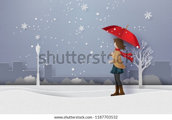 Winter Season Girl Open Red Umbrella People Buildings Landmarks