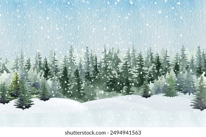 Winter season pine forest during snowfall. Vintage style painted illustration. Winter season countryside landscape scene with pine trees, Christmas tree covered with snow, snowdrifts, snowflakes - Powered by Shutterstock