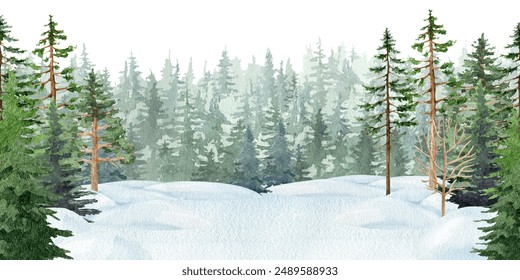 Winter season snowy forest nature landscape painted illustration. Hand drawn fir trees, pine, conifer natural wildlife scene covered with snow. Painted fir tree snowy forest background - Powered by Shutterstock