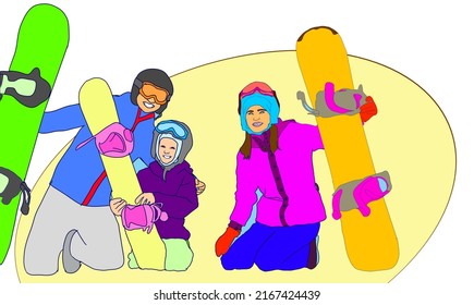 Winter Ski Resort, Family With A Kid. Illustration