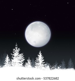 Winter Snow Christmas Background With Full Moon And Forest